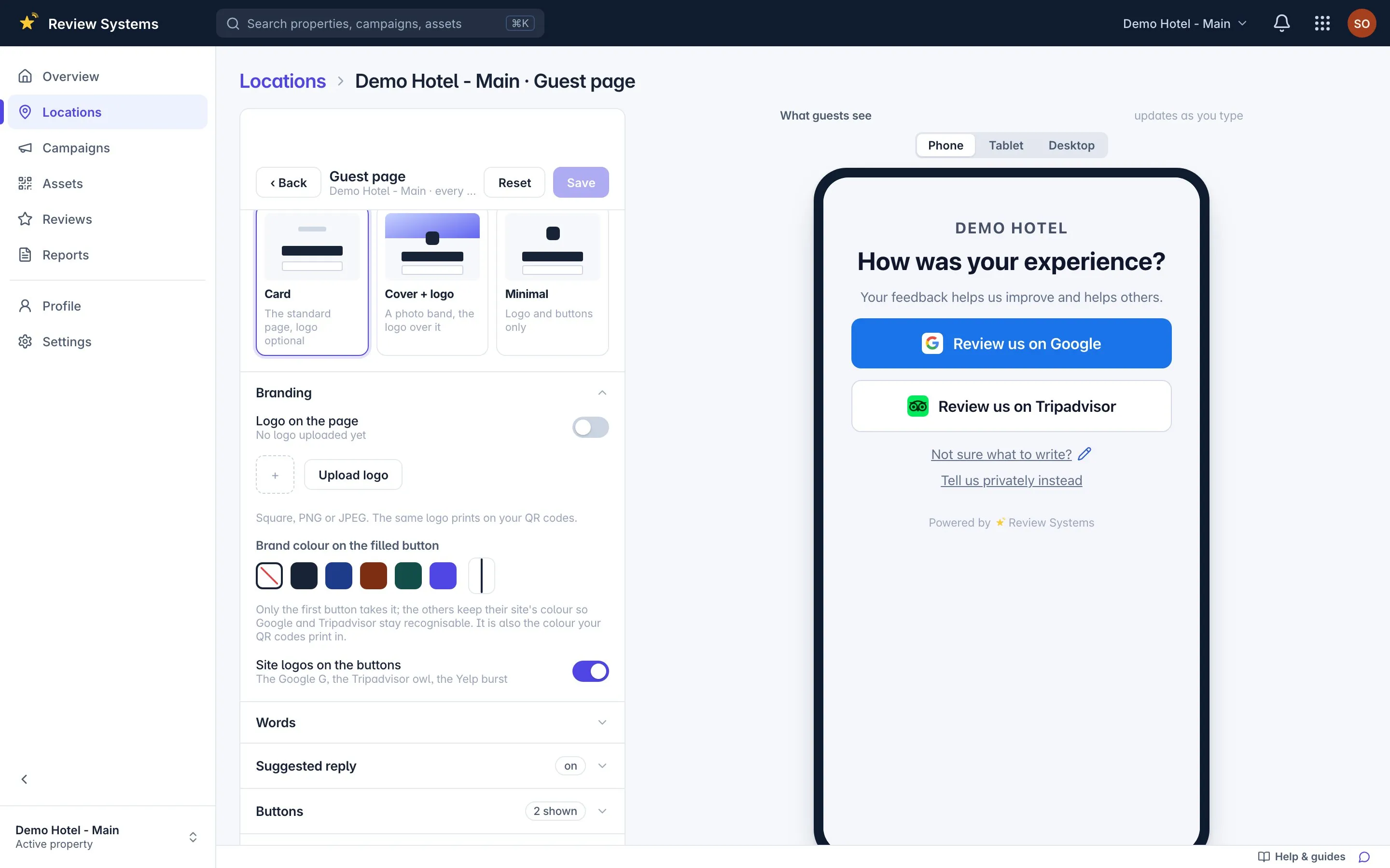 Guest page designer with the live phone preview