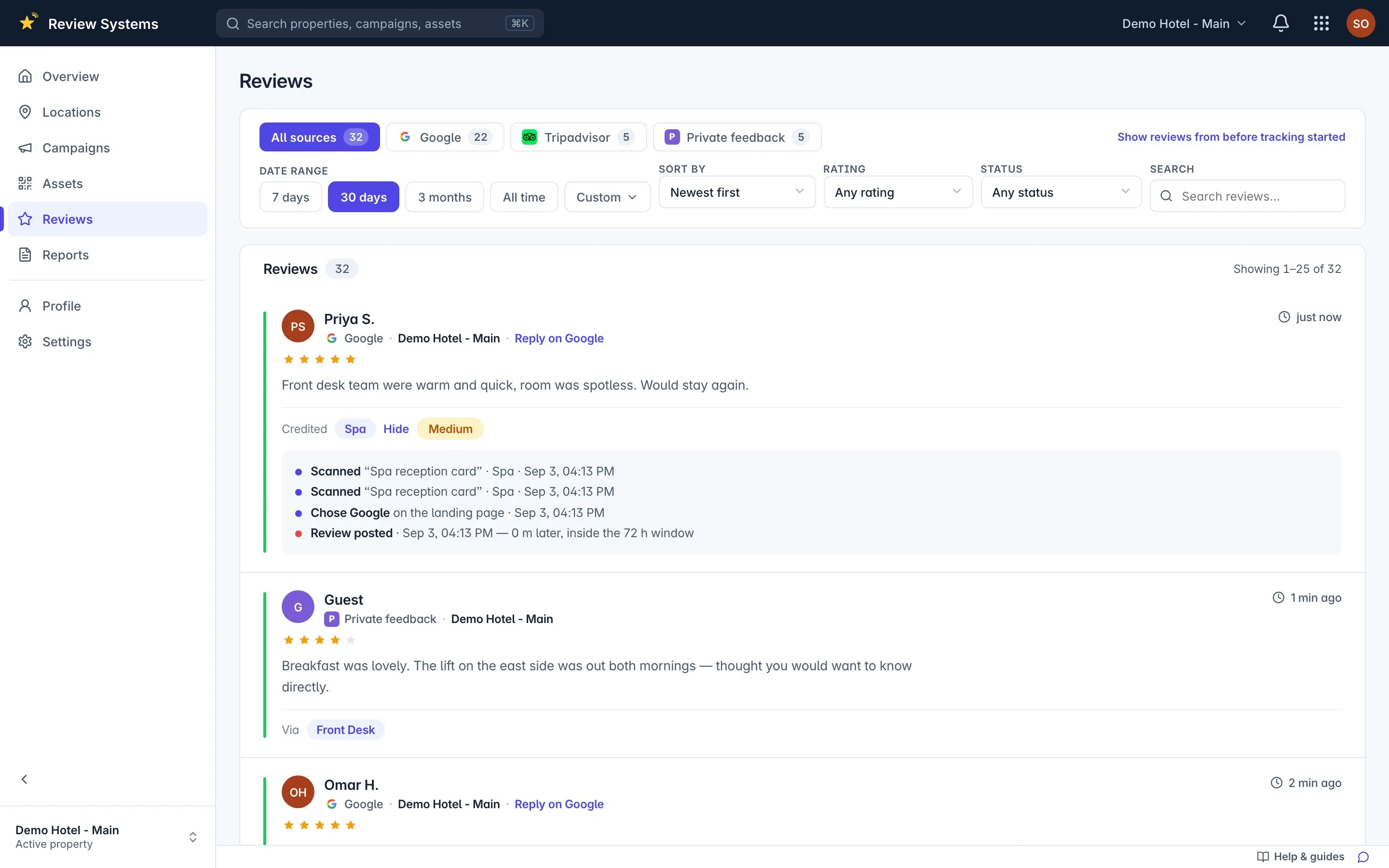 A review with its scan → click → review attribution trail
