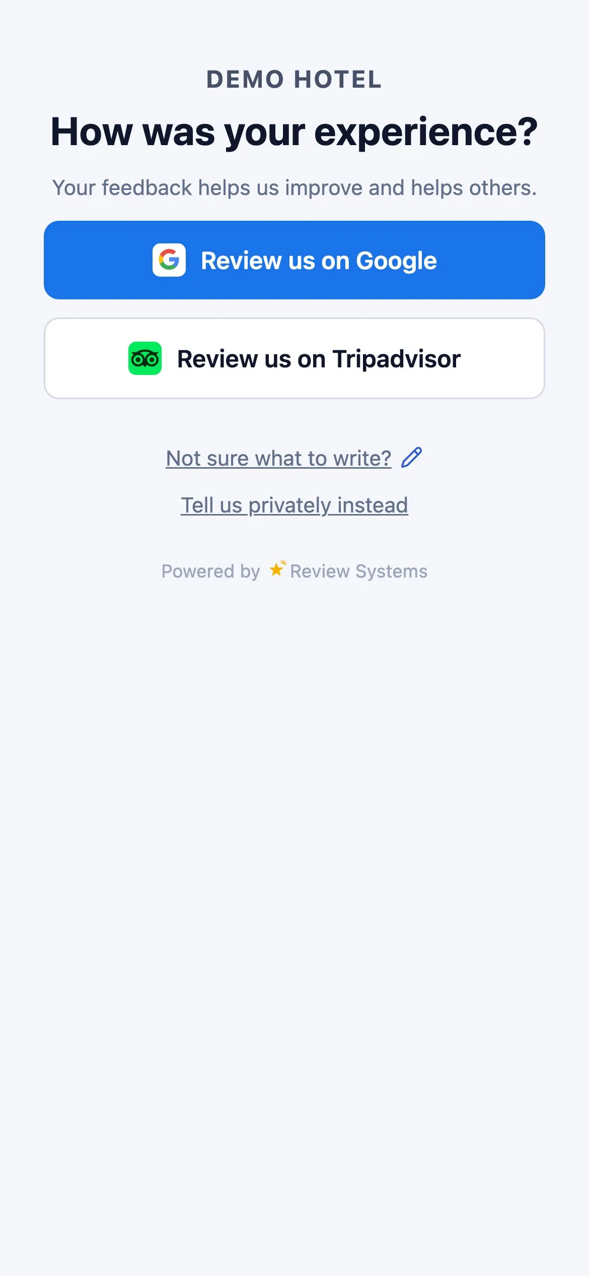 The guest page, card layout: Google, Tripadvisor and a private word to the manager